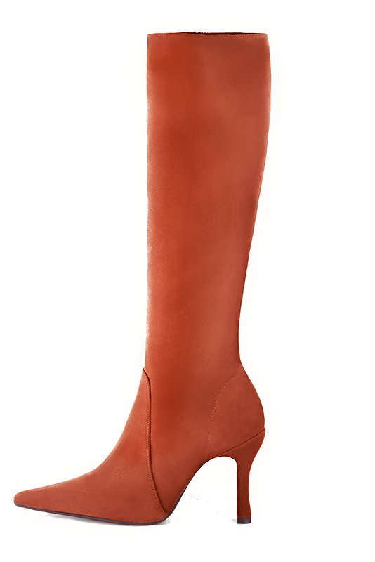Terracotta orange women's feminine knee-high boots. Pointed toe. Very high spool heels. Made to measure. Profile view - Florence KOOIJMAN